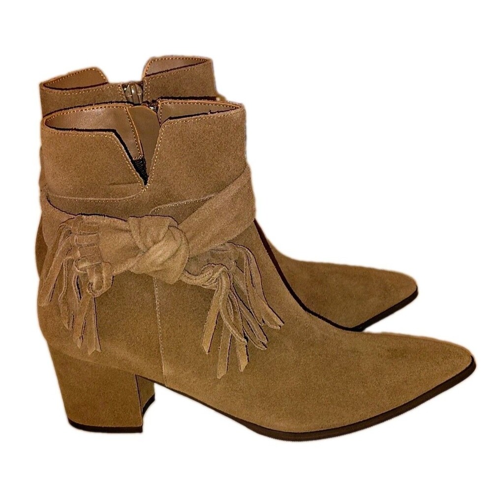 Vaneli Beige Suede Fringe Ankle Booties Pointed Toe Zip Women’s Size 8.5